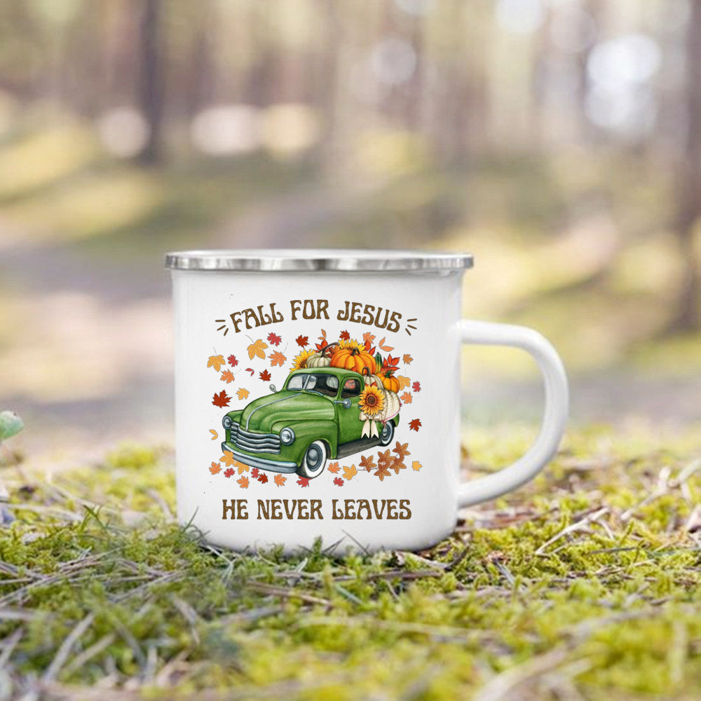 Fall for Jesus He Never Leaves Print Enamel Mugs Coffee Cups Autumn Thanksgiving Party Juice Mug Dessert Cocoa Handle Cup Gifts