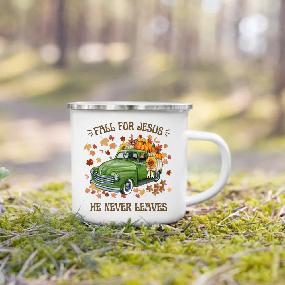 Fall for Jesus He Never Leaves Print Enamel Mugs Coffee Cups Autumn Thanksgiving Party Juice Mug Dessert Cocoa Handle Cup Gifts