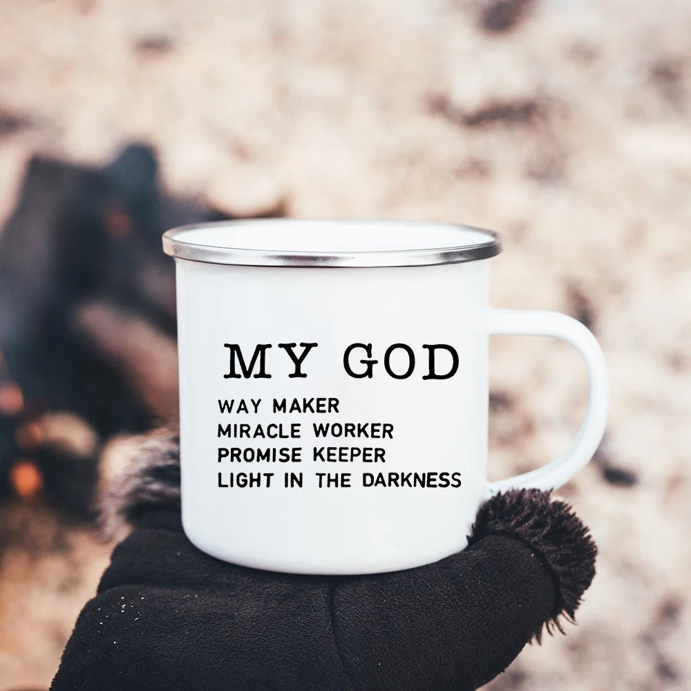 Faith Hope Love Print Christian Creative Enamel Mugs Outdoor Travel Coffee Cup Drink Dessert Milk Vintage Handle Drinkware Gift