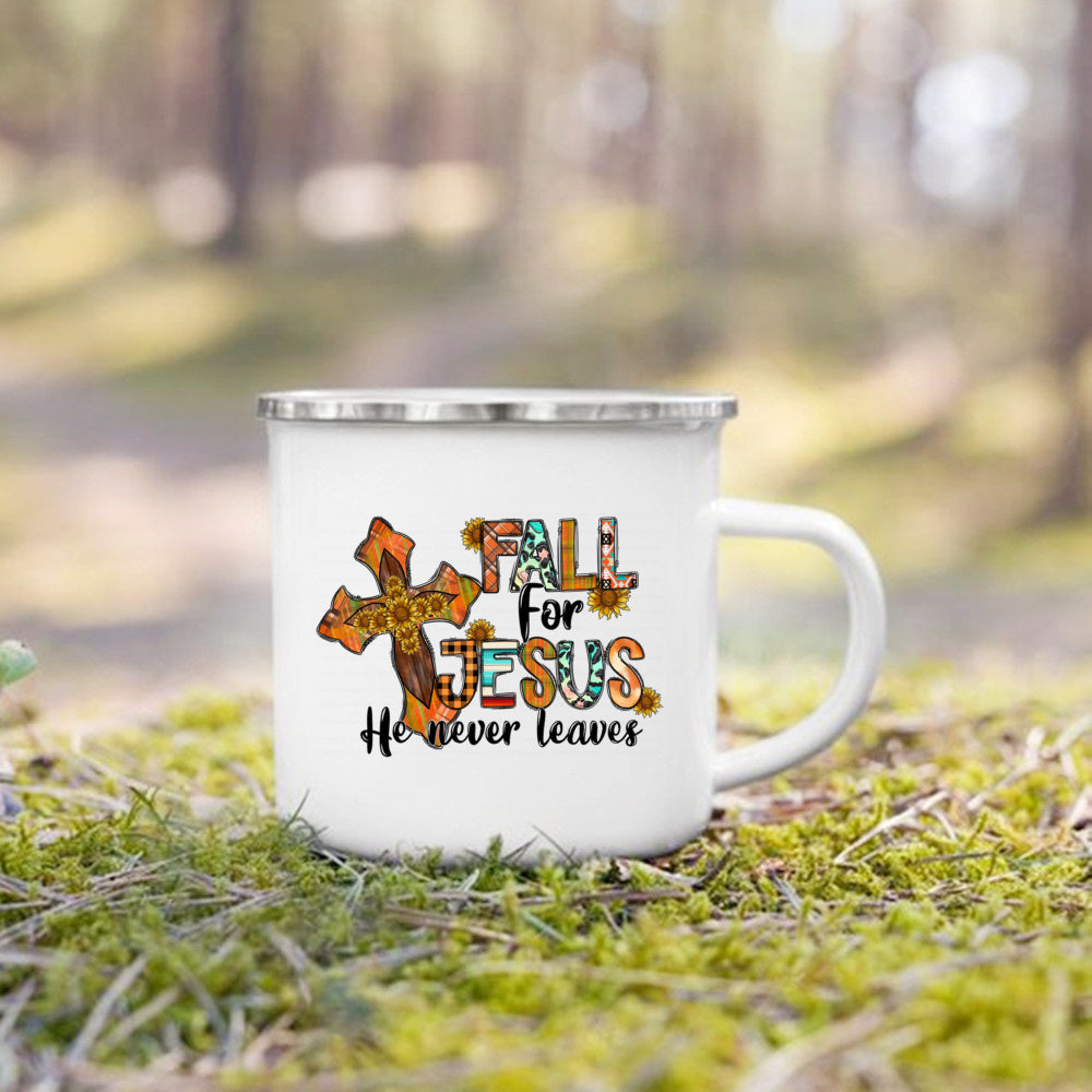 Fall for Jesus He Never Leaves Print Enamel Mugs Coffee Cups Autumn Thanksgiving Party Juice Mug Dessert Cocoa Handle Cup Gifts
