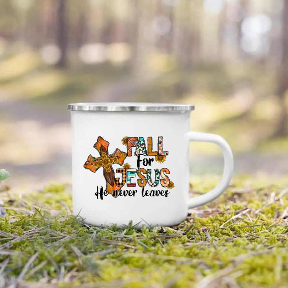 Fall for Jesus He Never Leaves Print Enamel Mugs Coffee Cups Autumn Thanksgiving Party Juice Mug Dessert Cocoa Handle Cup Gifts