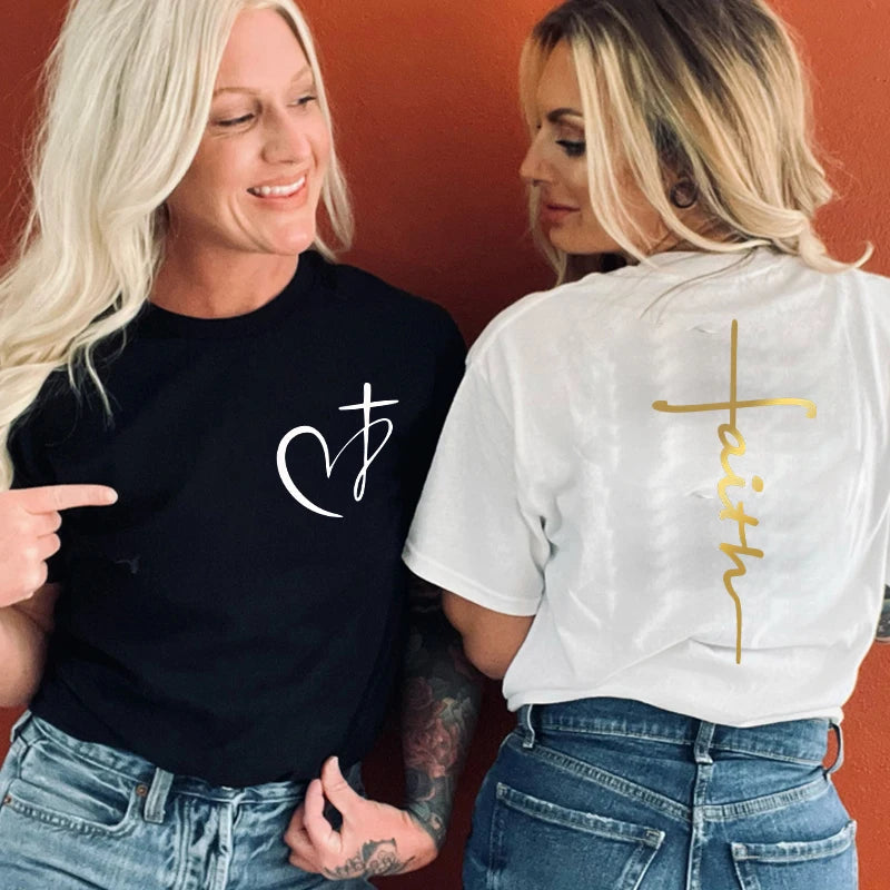 New Women's Heart Cross T-shirt Fashion Faith Jesus Print Female Loose Short Sleeve Classic Pullover Shirts Summer Tee Clothing