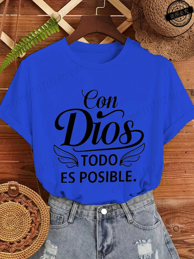 Con Dios Todo Es Posible Women T Shirts, Christian Faith Graphic Tees, Religious Inspirational Tops, Casual Blouse for Ladies