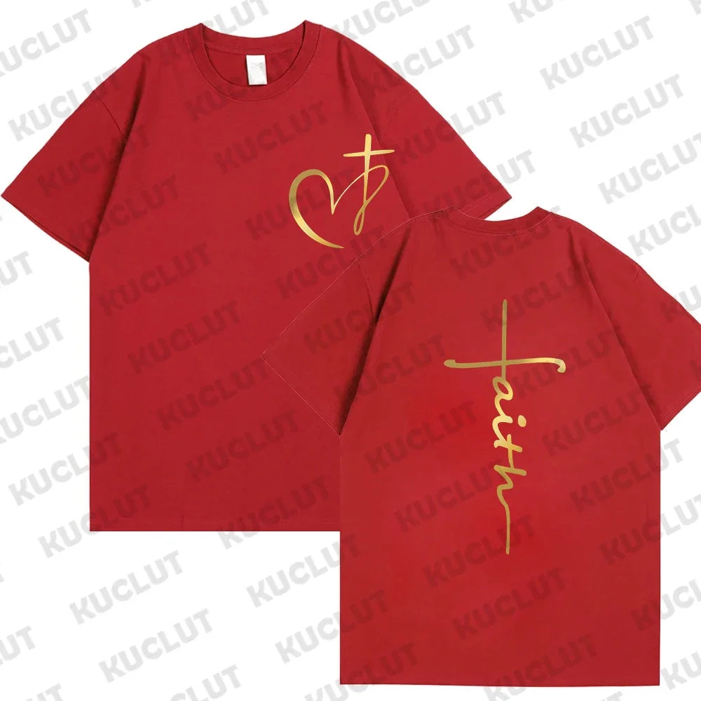 New Women's Heart Cross T-shirt Fashion Faith Jesus Print Female Loose Short Sleeve Classic Pullover Shirts Summer Tee Clothing