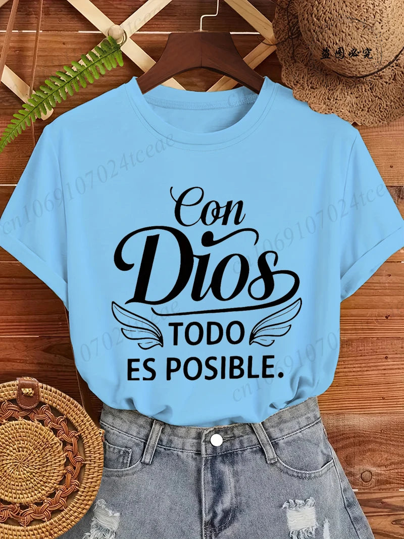 Con Dios Todo Es Posible Women T Shirts, Christian Faith Graphic Tees, Religious Inspirational Tops, Casual Blouse for Ladies