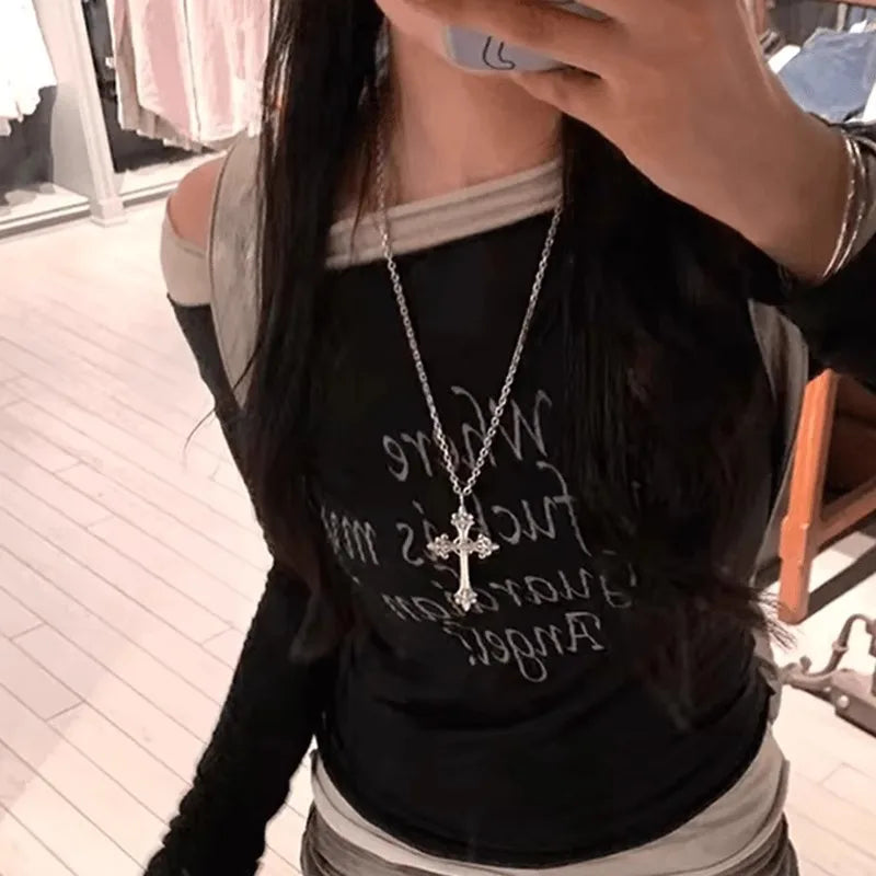 Fashion Punk Gothic Rose Cross Pendants Necklace for Women Silver Cross Choker Y2k Hip Hop Necklace Sweater Chain Gifts