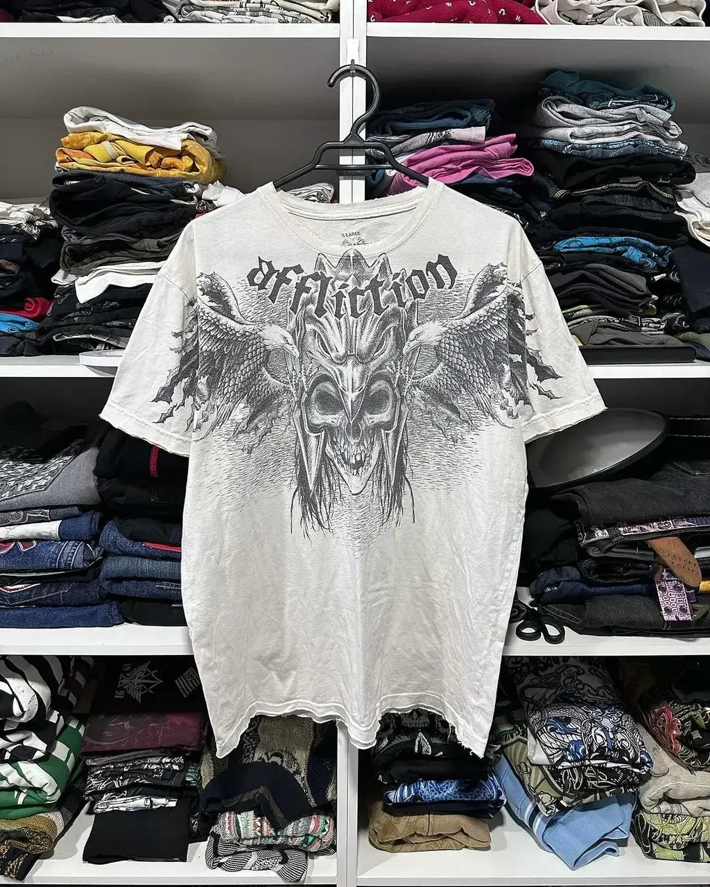 New Long sleeved Affliction T shirt Y2K Hip Hop Round Neck Oversized T shirt Mens Womens Casual Gothic Clothing Tops Streetwear