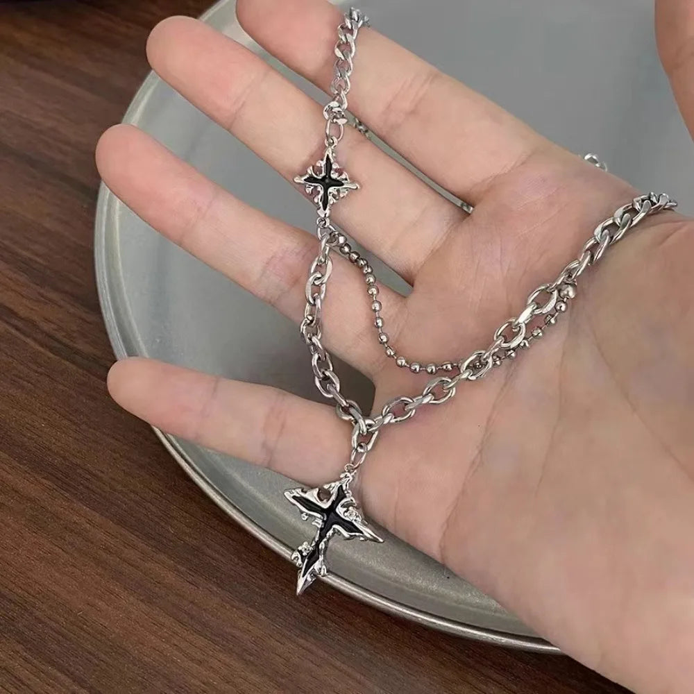 Hiphop Punk Long Cross Necklaces for Women Men Punk Double Layer Splicing Chain Necklace Charm Trend Neck Jewelry Halloween Gift