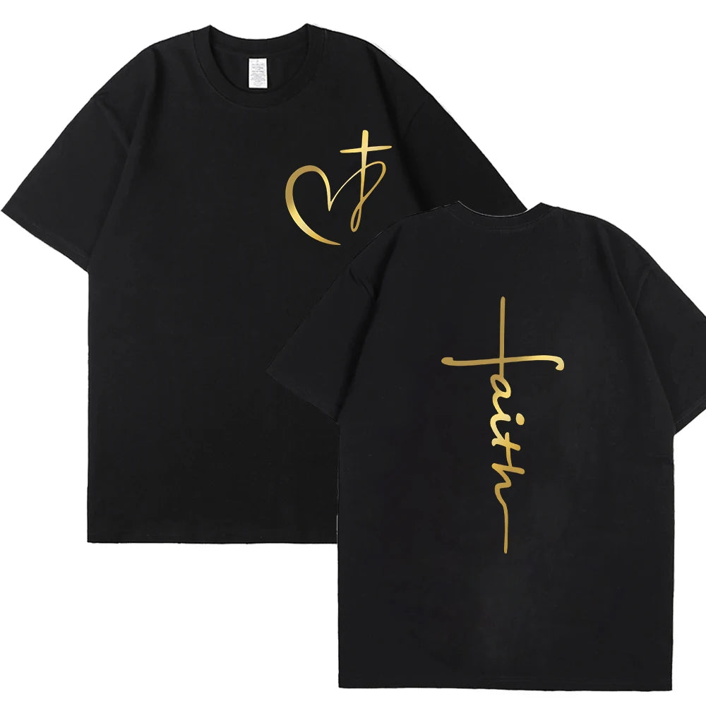 New Women's Heart Cross T-shirt Fashion Faith Jesus Print Female Loose Short Sleeve Classic Pullover Shirts Summer Tee Clothing