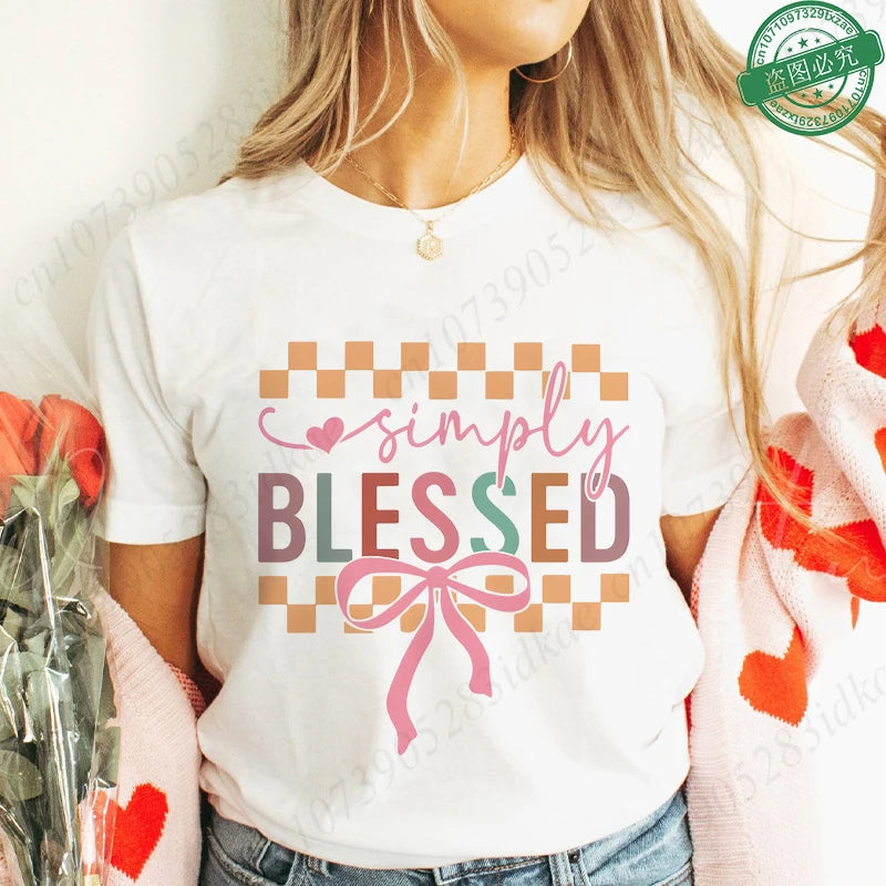 Blessed Floral Cross T-Shirt for Women, Flower Graphic Tee, Summer Short Sleeve O Neck Y2k Tops, Female Aesthetic Faith Clothing