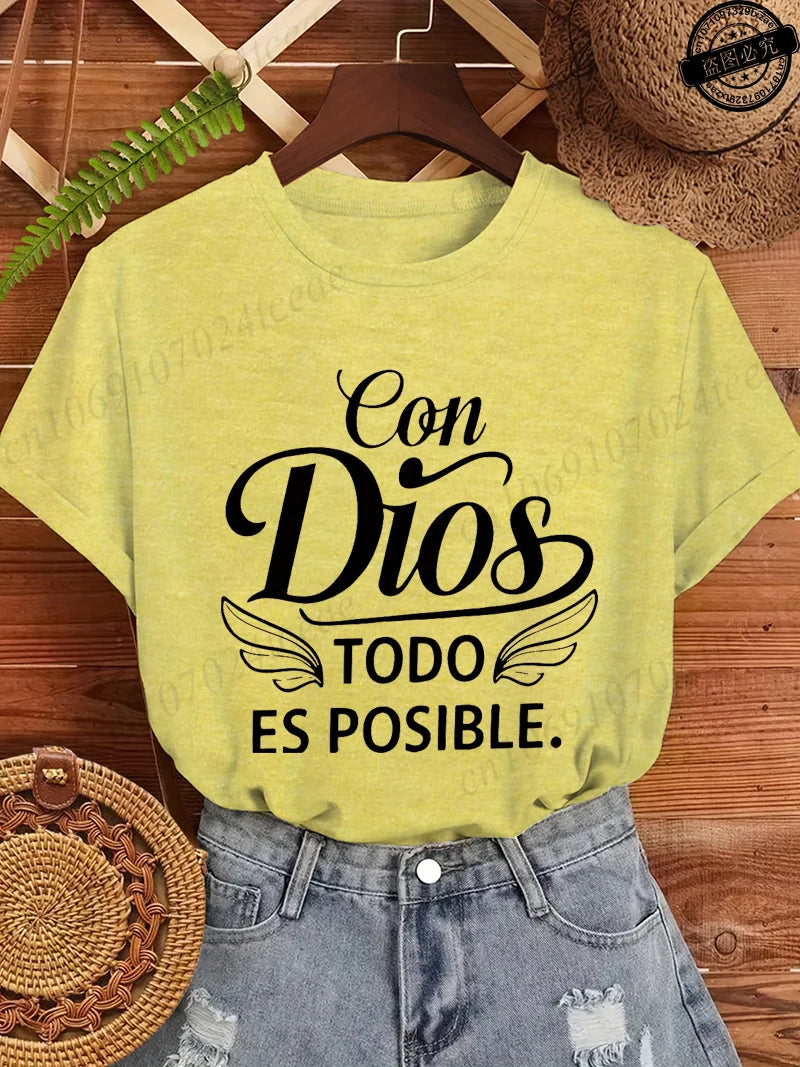 Con Dios Todo Es Posible Women T Shirts, Christian Faith Graphic Tees, Religious Inspirational Tops, Casual Blouse for Ladies