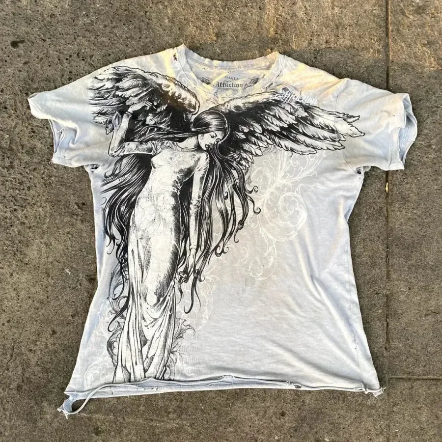 New Long sleeved Affliction T shirt Y2K Hip Hop Round Neck Oversized T shirt Mens Womens Casual Gothic Clothing Tops Streetwear