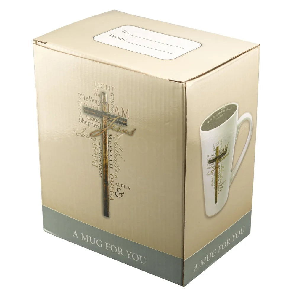 Inspirational Jesus Names Mug Stoneware Coffee Tea Cup with Bible Verse John 8:12 Gift Boxed Microwave Dishwasher Safe