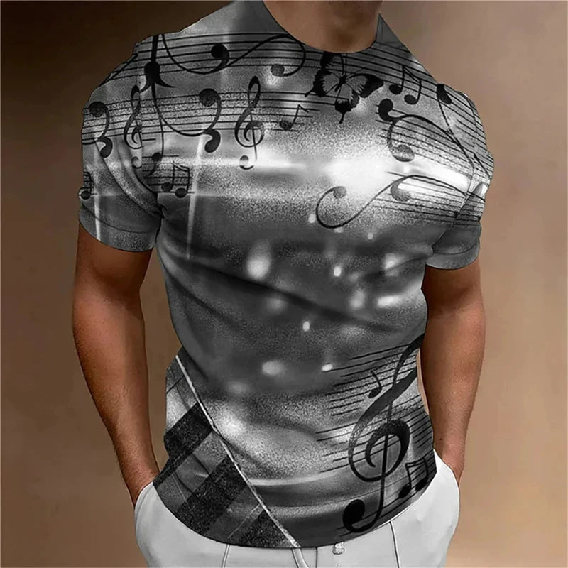 Retro Men'S T-Shirt 3d Music Notes Printed Men Clothing Daily Casual Short Sleeve Street Designer Tees Top Loose Oversized Shirt