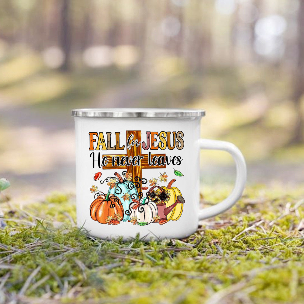 Fall for Jesus He Never Leaves Print Enamel Mugs Coffee Cups Autumn Thanksgiving Party Juice Mug Dessert Cocoa Handle Cup Gifts