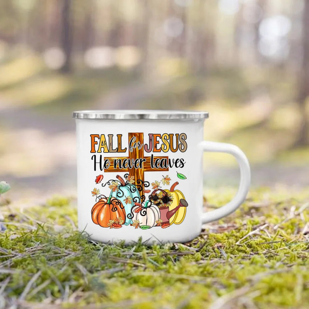 Fall for Jesus He Never Leaves Print Enamel Mugs Coffee Cups Autumn Thanksgiving Party Juice Mug Dessert Cocoa Handle Cup Gifts