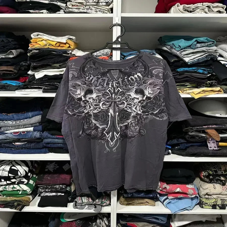 New Long sleeved Affliction T shirt Y2K Hip Hop Round Neck Oversized T shirt Mens Womens Casual Gothic Clothing Tops Streetwear