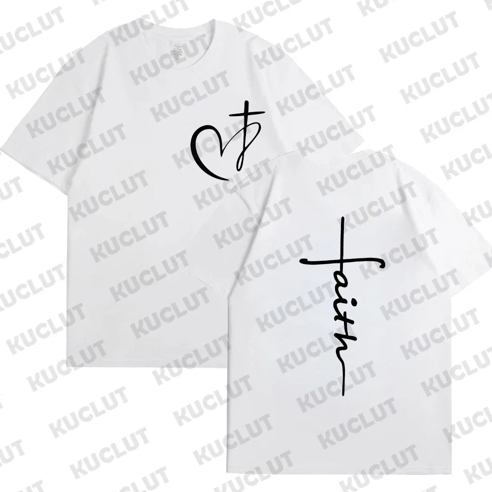 New Women's Heart Cross T-shirt Fashion Faith Jesus Print Female Loose Short Sleeve Classic Pullover Shirts Summer Tee Clothing