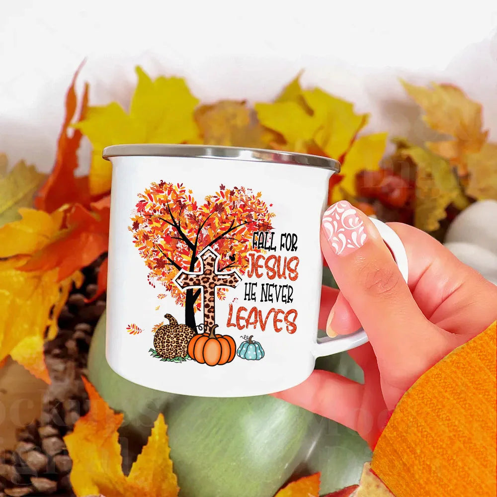 Fall for Jesus He Never Leaves Print Enamel Mugs Coffee Cups Autumn Thanksgiving Party Juice Mug Dessert Cocoa Handle Cup Gifts