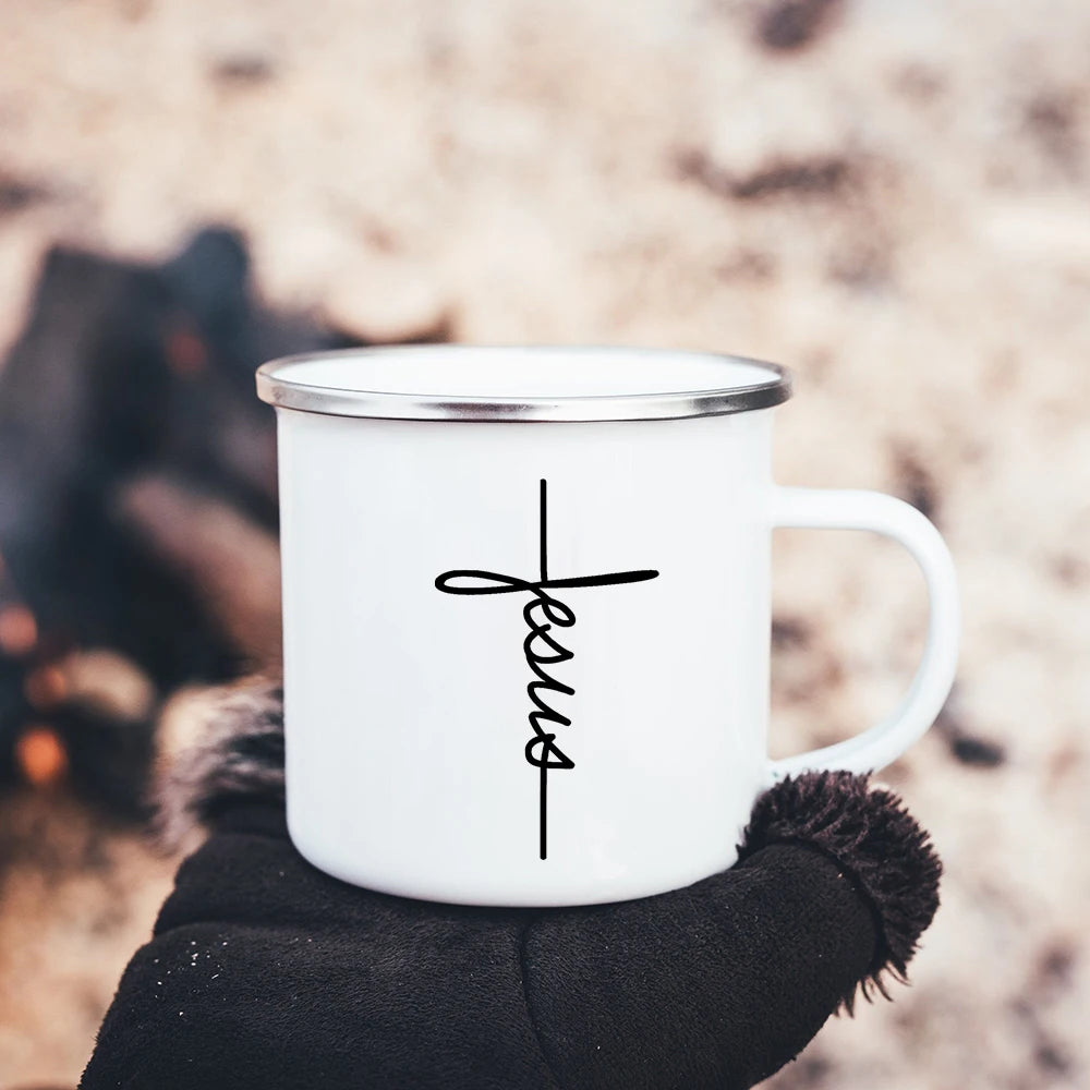 Faith Hope Love Print Christian Creative Enamel Mugs Outdoor Travel Coffee Cup Drink Dessert Milk Vintage Handle Drinkware Gift