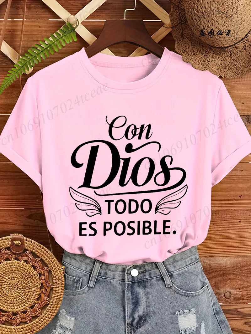 Con Dios Todo Es Posible Women T Shirts, Christian Faith Graphic Tees, Religious Inspirational Tops, Casual Blouse for Ladies