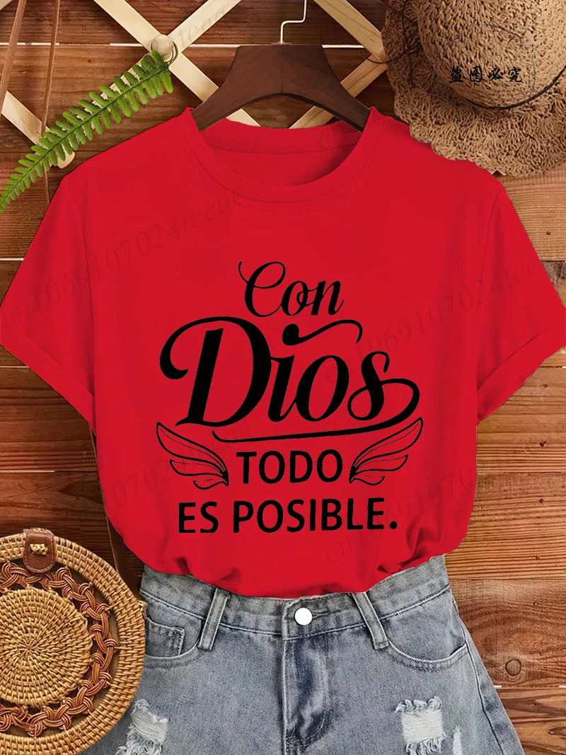 Con Dios Todo Es Posible Women T Shirts, Christian Faith Graphic Tees, Religious Inspirational Tops, Casual Blouse for Ladies
