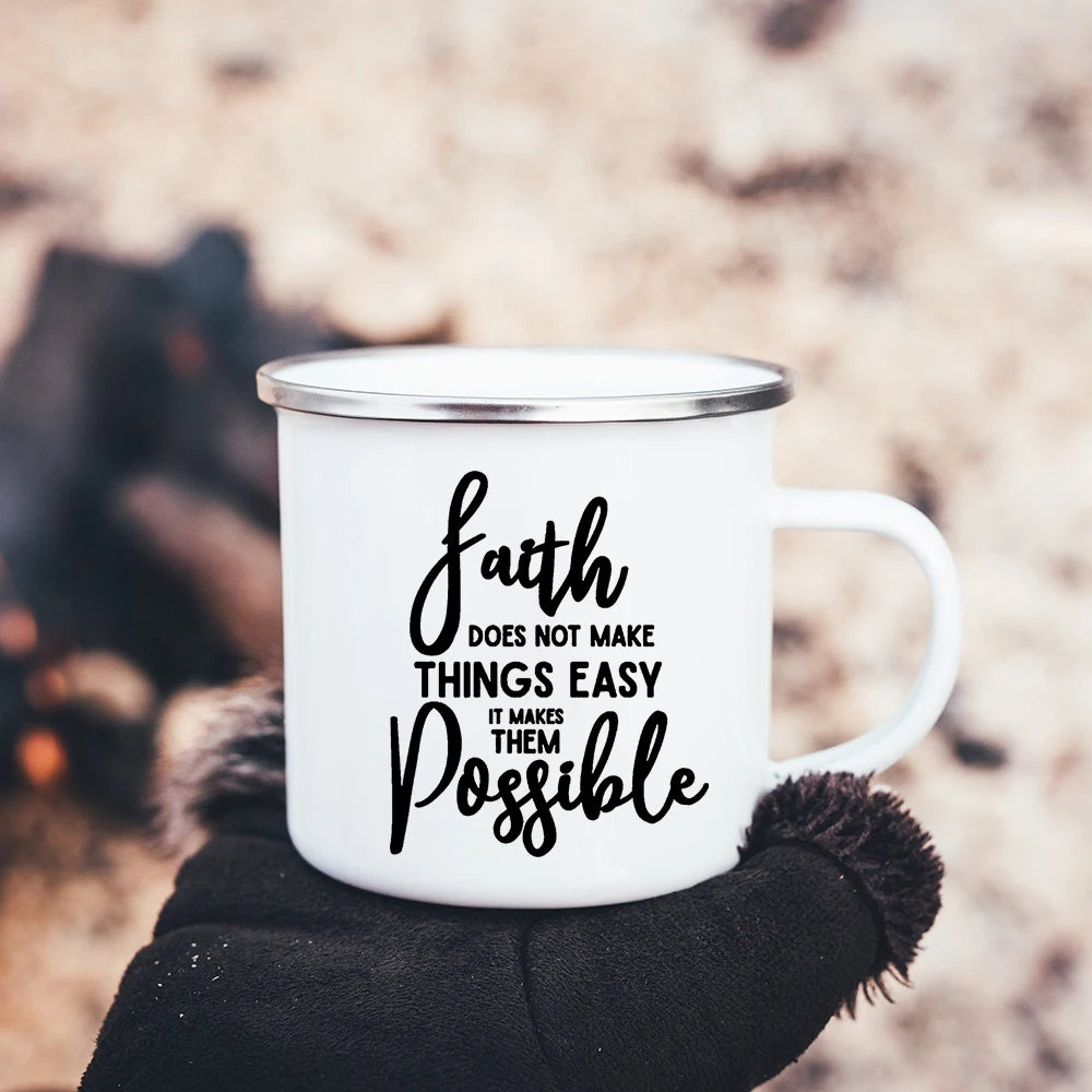 Faith Hope Love Print Christian Creative Enamel Mugs Outdoor Travel Coffee Cup Drink Dessert Milk Vintage Handle Drinkware Gift