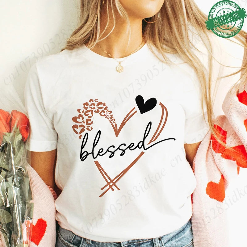 Blessed Floral Cross T-Shirt for Women, Flower Graphic Tee, Summer Short Sleeve O Neck Y2k Tops, Female Aesthetic Faith Clothing