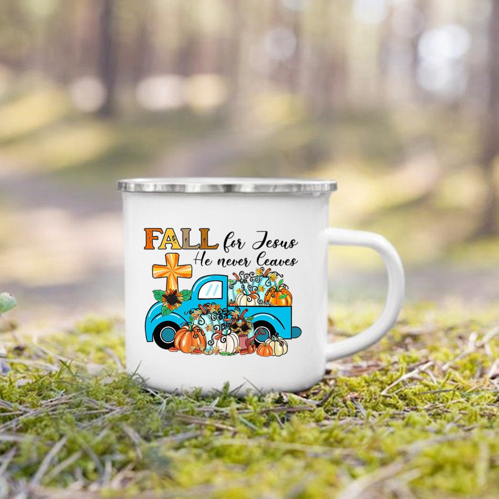 Fall for Jesus He Never Leaves Print Enamel Mugs Coffee Cups Autumn Thanksgiving Party Juice Mug Dessert Cocoa Handle Cup Gifts
