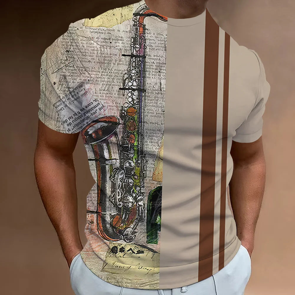 Retro Men'S T-Shirt 3d Music Notes Printed Men Clothing Daily Casual Short Sleeve Street Designer Tees Top Loose Oversized Shirt