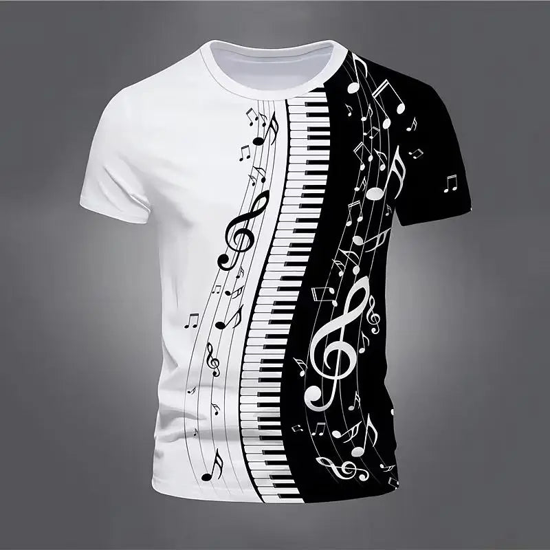 Retro Men'S T-Shirt 3d Music Notes Printed Men Clothing Daily Casual Short Sleeve Street Designer Tees Top Loose Oversized Shirt