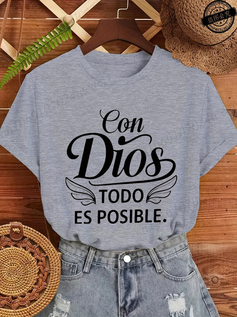 Con Dios Todo Es Posible Women T Shirts, Christian Faith Graphic Tees, Religious Inspirational Tops, Casual Blouse for Ladies
