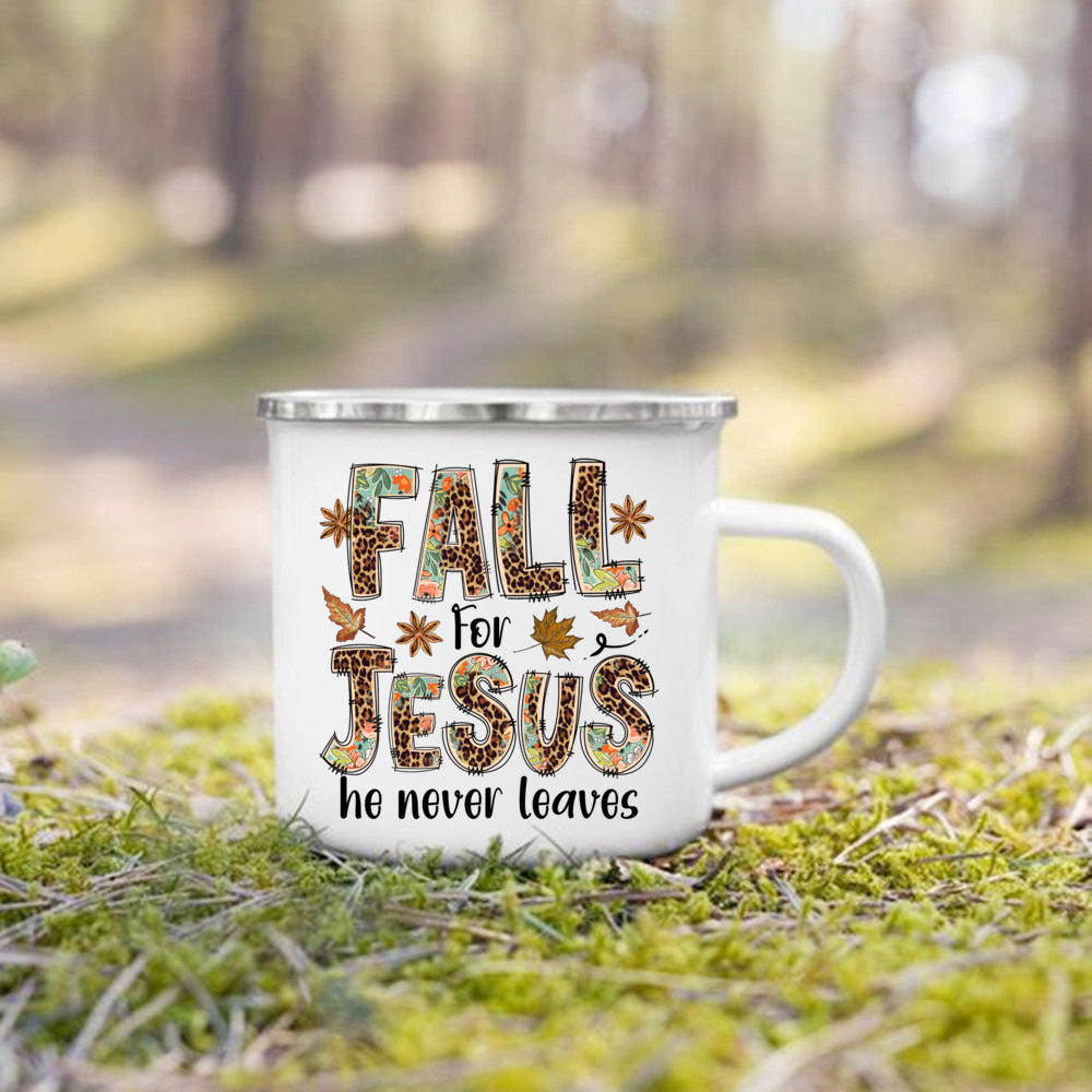 Fall for Jesus He Never Leaves Print Enamel Mugs Coffee Cups Autumn Thanksgiving Party Juice Mug Dessert Cocoa Handle Cup Gifts