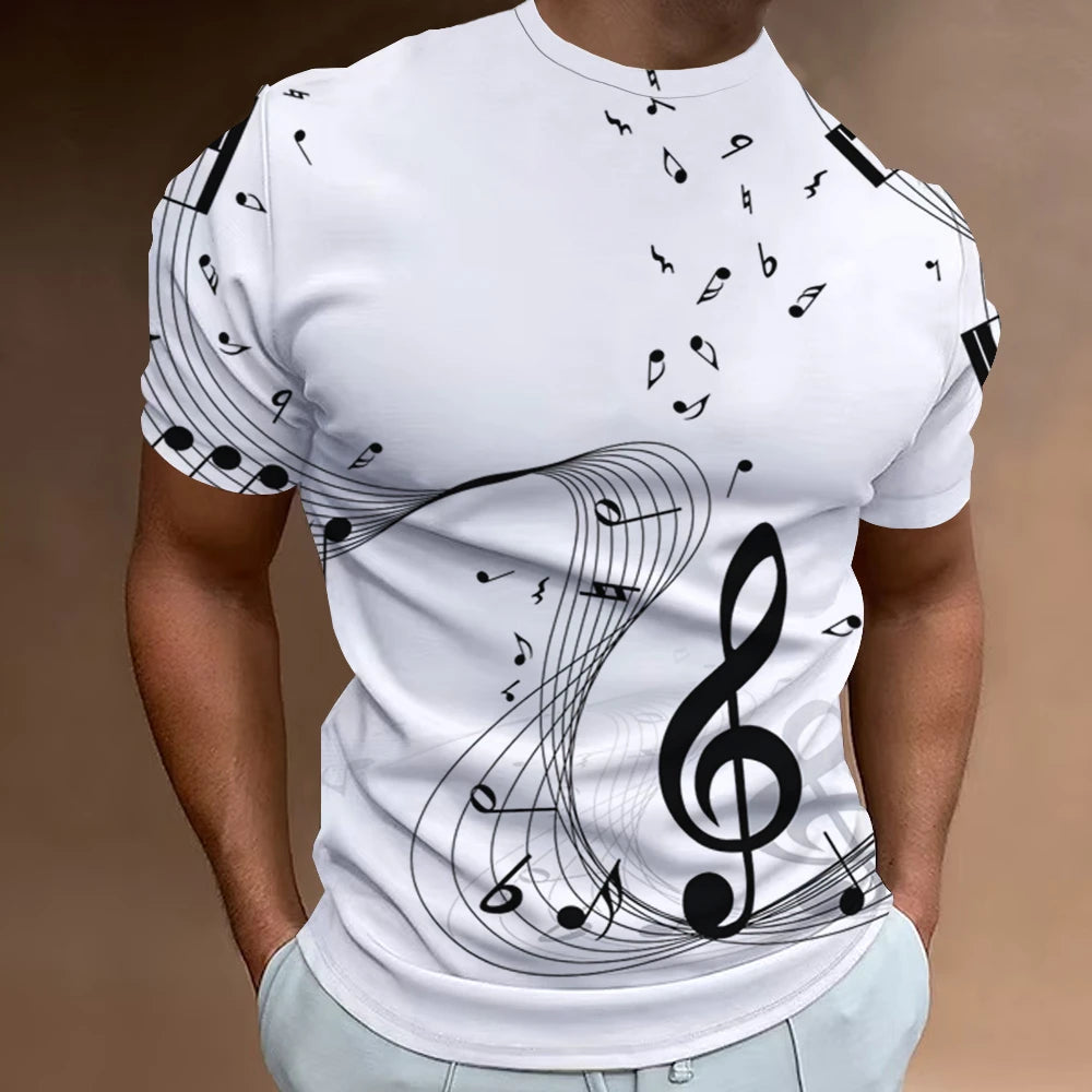Retro Men'S T-Shirt 3d Music Notes Printed Men Clothing Daily Casual Short Sleeve Street Designer Tees Top Loose Oversized Shirt