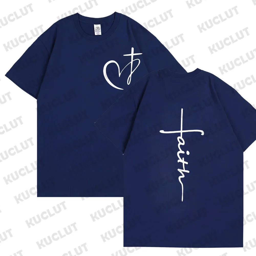 New Women's Heart Cross T-shirt Fashion Faith Jesus Print Female Loose Short Sleeve Classic Pullover Shirts Summer Tee Clothing