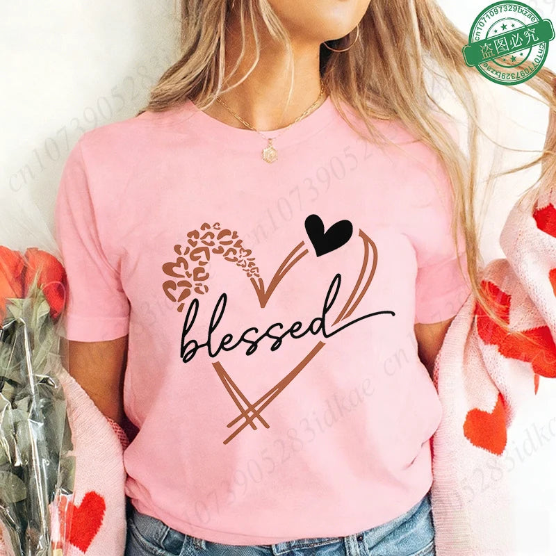 Blessed Floral Cross T-Shirt for Women, Flower Graphic Tee, Summer Short Sleeve O Neck Y2k Tops, Female Aesthetic Faith Clothing