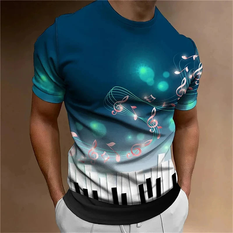 Retro Men'S T-Shirt 3d Music Notes Printed Men Clothing Daily Casual Short Sleeve Street Designer Tees Top Loose Oversized Shirt