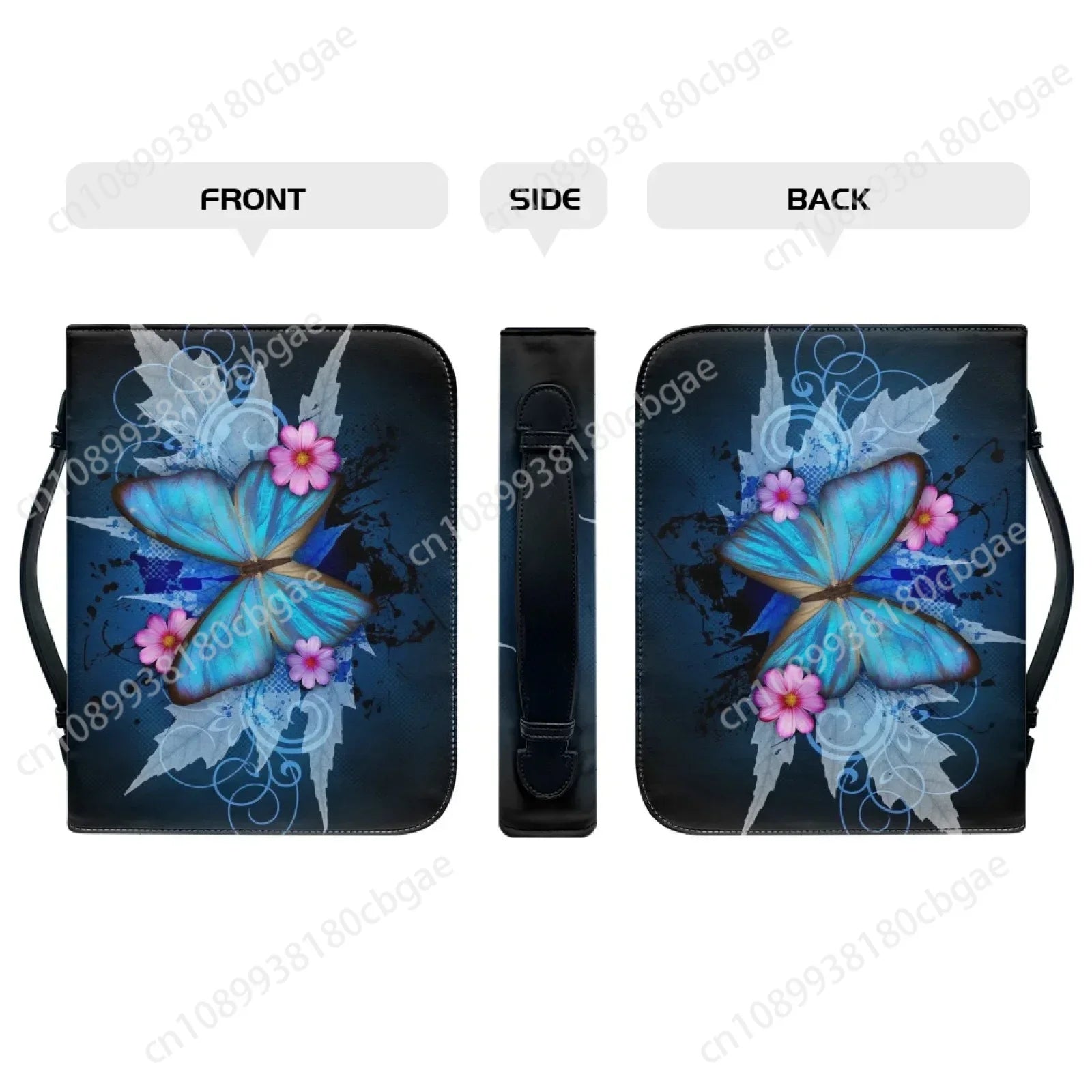 Blue Butterfly Print Leather Bible Bag for Women Men Handle Handbags Bible Hymns Bible Cover Case Carrying Storage Bags