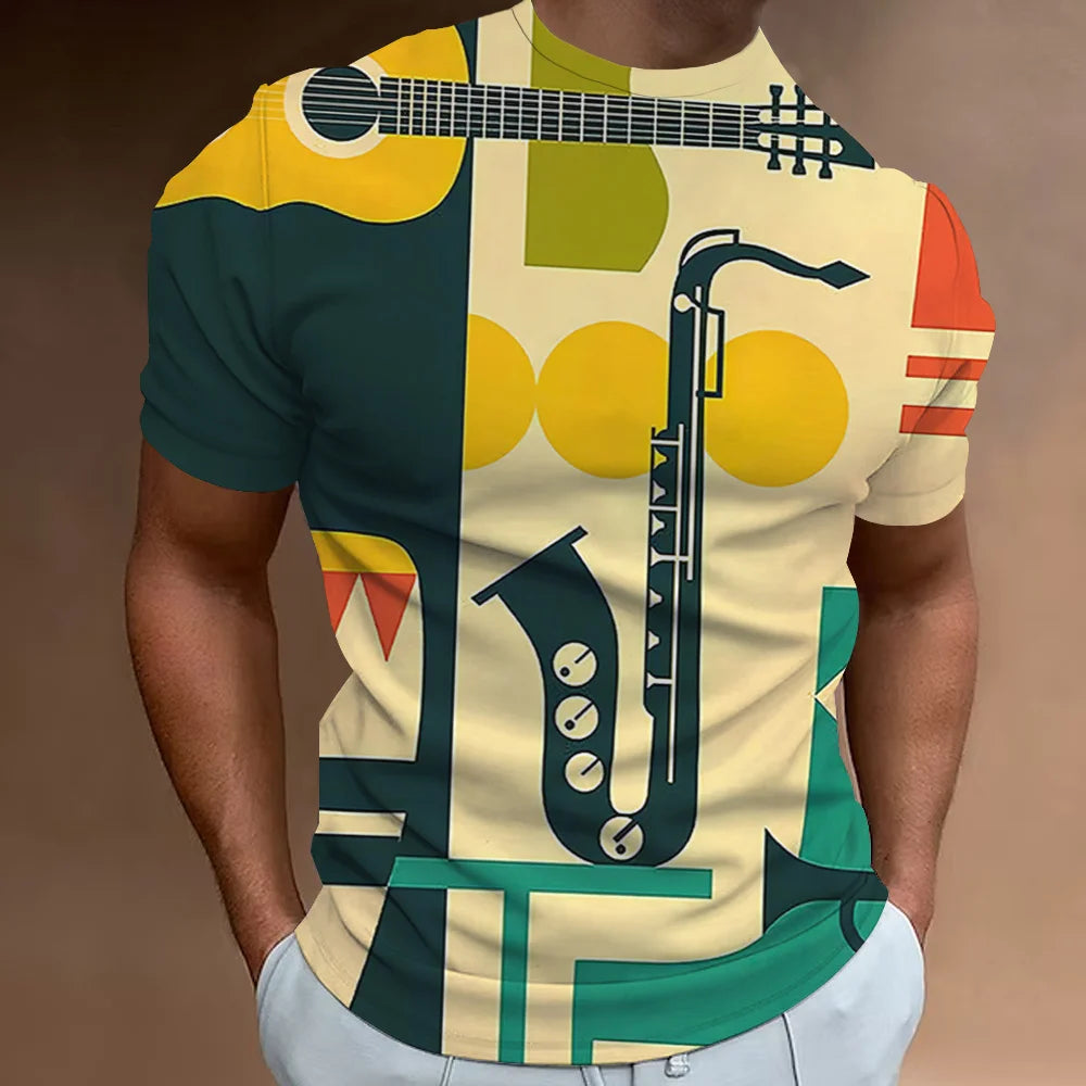 Retro Men'S T-Shirt 3d Music Notes Printed Men Clothing Daily Casual Short Sleeve Street Designer Tees Top Loose Oversized Shirt