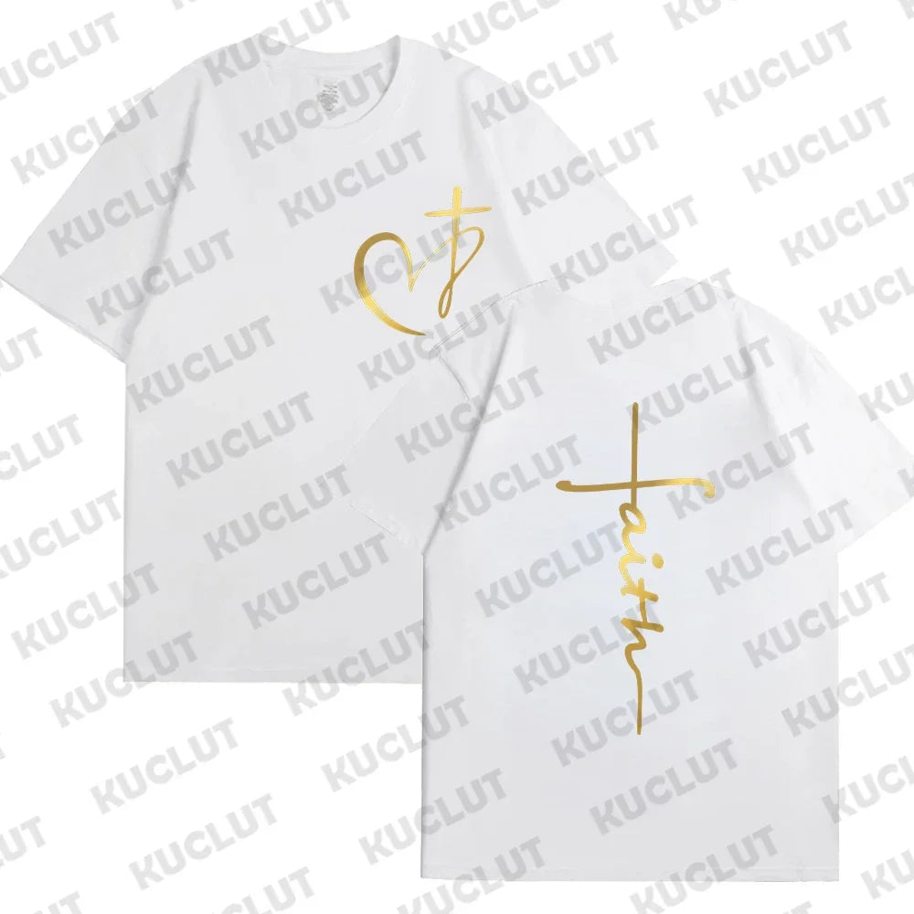 New Women's Heart Cross T-shirt Fashion Faith Jesus Print Female Loose Short Sleeve Classic Pullover Shirts Summer Tee Clothing