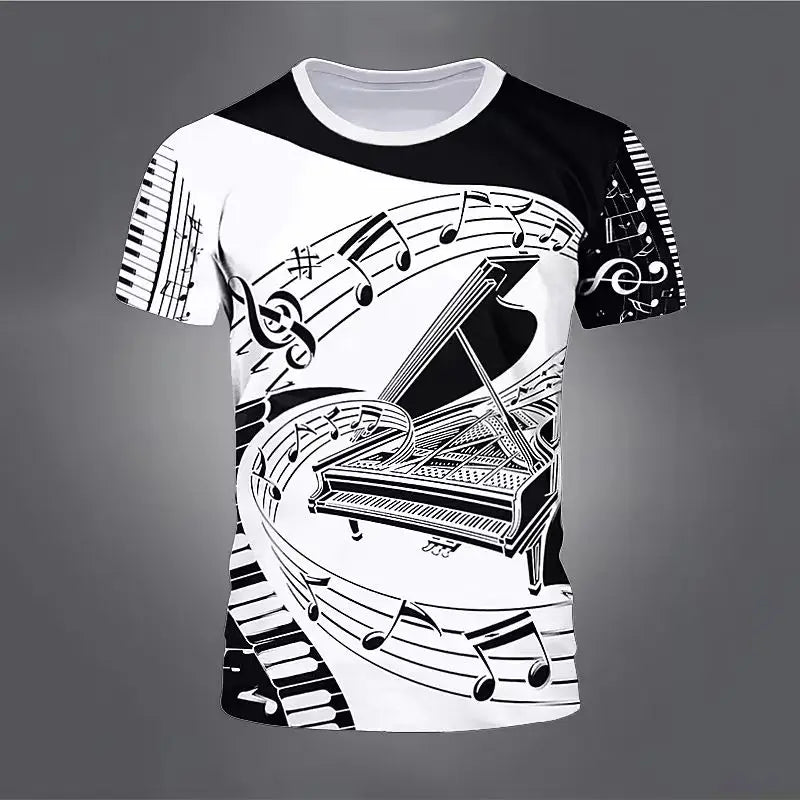 Retro Men'S T-Shirt 3d Music Notes Printed Men Clothing Daily Casual Short Sleeve Street Designer Tees Top Loose Oversized Shirt