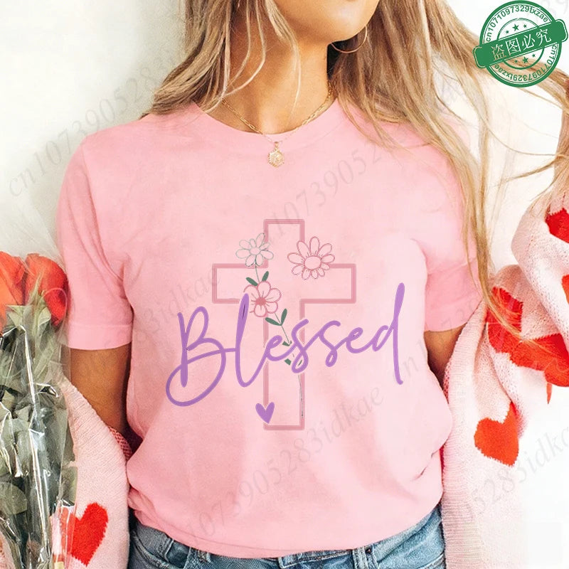 Blessed Floral Cross T-Shirt for Women, Flower Graphic Tee, Summer Short Sleeve O Neck Y2k Tops, Female Aesthetic Faith Clothing
