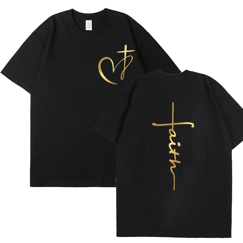 New Women's Heart Cross T-shirt Fashion Faith Jesus Print Female Loose Short Sleeve Classic Pullover Shirts Summer Tee Clothing