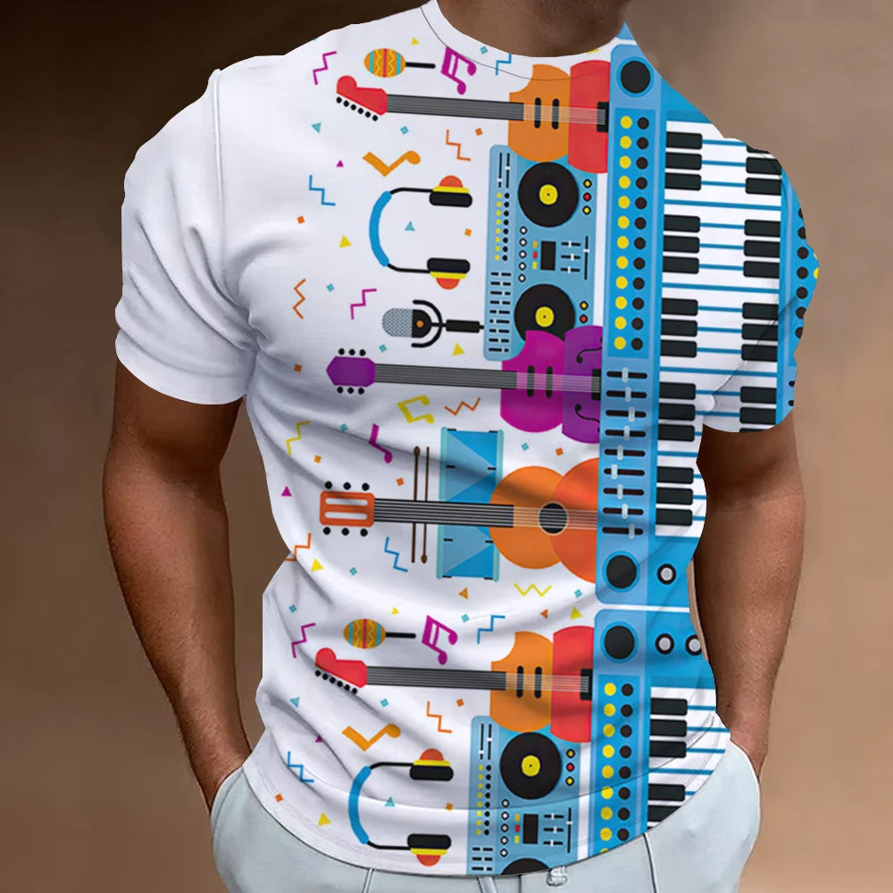 Retro Men'S T-Shirt 3d Music Notes Printed Men Clothing Daily Casual Short Sleeve Street Designer Tees Top Loose Oversized Shirt