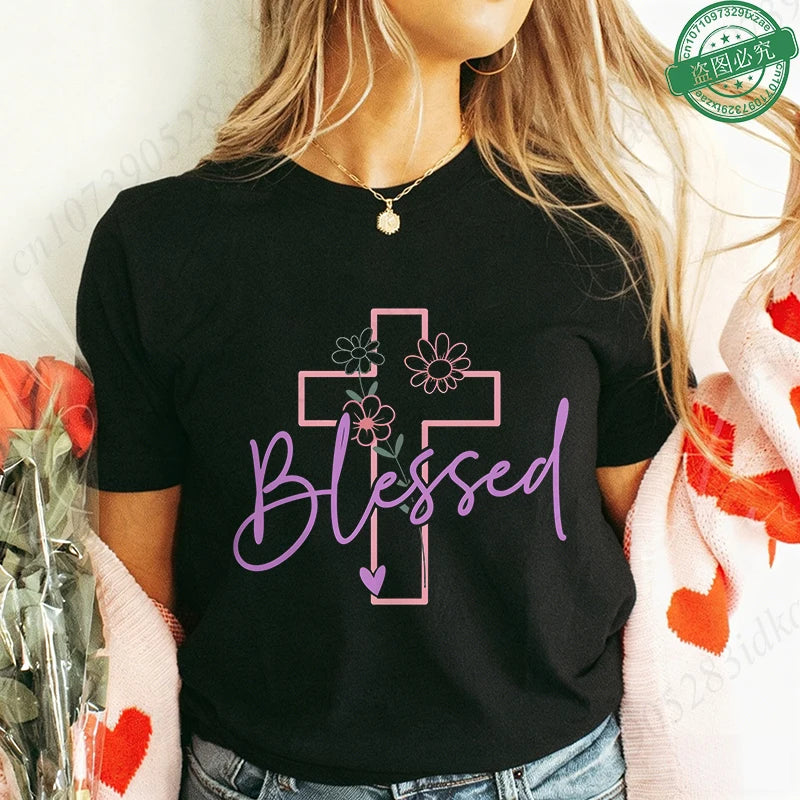 Blessed Floral Cross T-Shirt for Women, Flower Graphic Tee, Summer Short Sleeve O Neck Y2k Tops, Female Aesthetic Faith Clothing