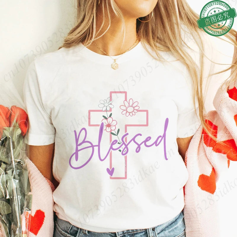 Blessed Floral Cross T-Shirt for Women, Flower Graphic Tee, Summer Short Sleeve O Neck Y2k Tops, Female Aesthetic Faith Clothing