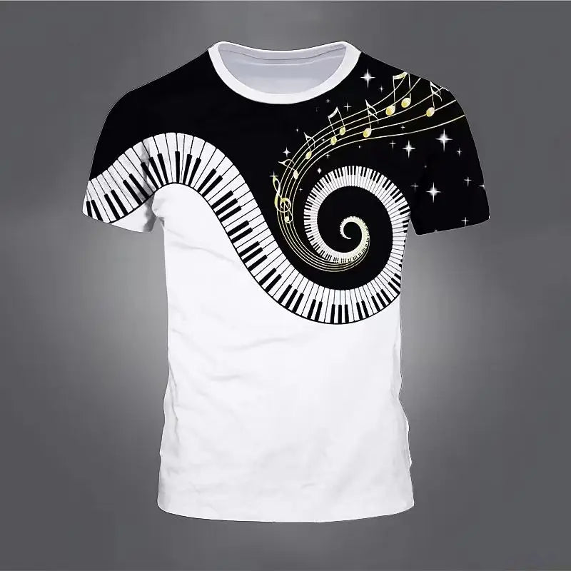 Retro Men'S T-Shirt 3d Music Notes Printed Men Clothing Daily Casual Short Sleeve Street Designer Tees Top Loose Oversized Shirt