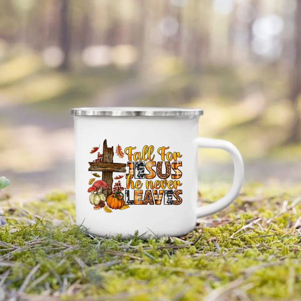 Fall for Jesus He Never Leaves Print Enamel Mugs Coffee Cups Autumn Thanksgiving Party Juice Mug Dessert Cocoa Handle Cup Gifts