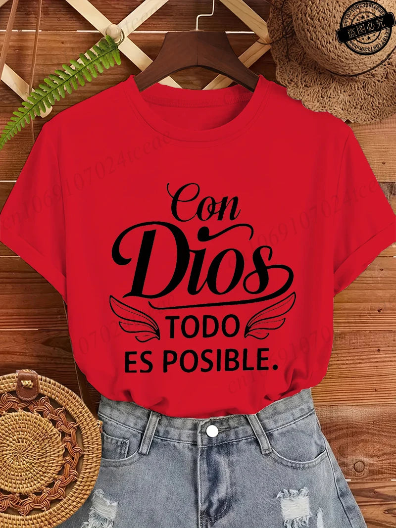 Con Dios Todo Es Posible Women T Shirts, Christian Faith Graphic Tees, Religious Inspirational Tops, Casual Blouse for Ladies