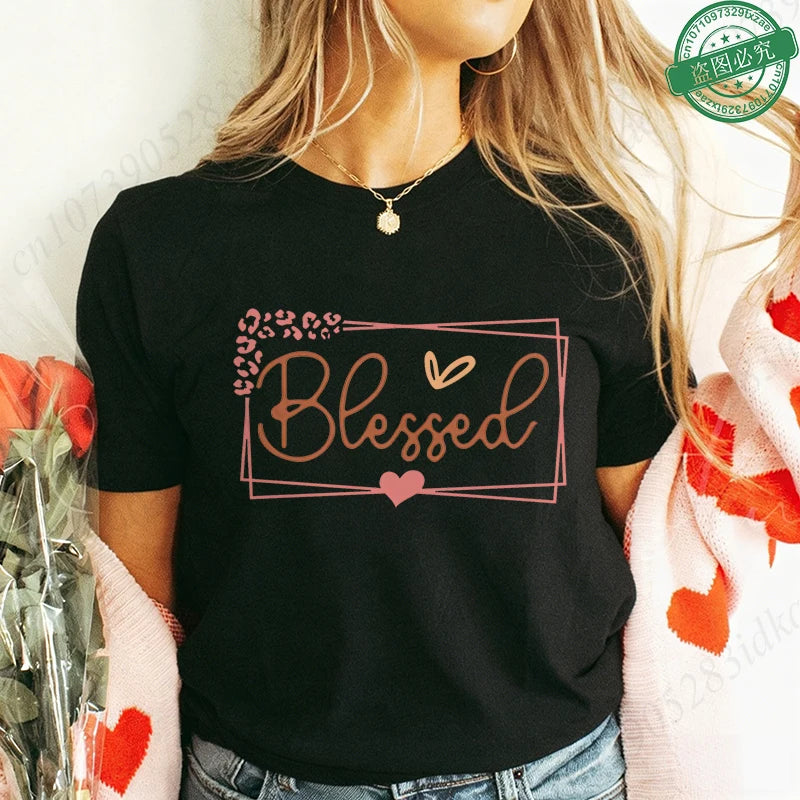 Blessed Floral Cross T-Shirt for Women, Flower Graphic Tee, Summer Short Sleeve O Neck Y2k Tops, Female Aesthetic Faith Clothing